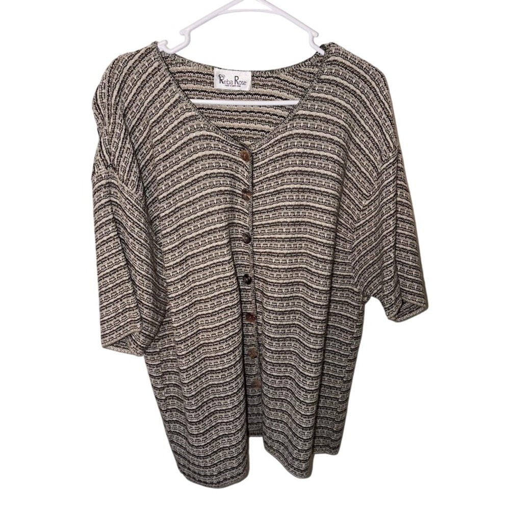 Reba Rose Womens Plus Size 22/24 Striped Short Sleeve Cardigan Sweater Knit Top